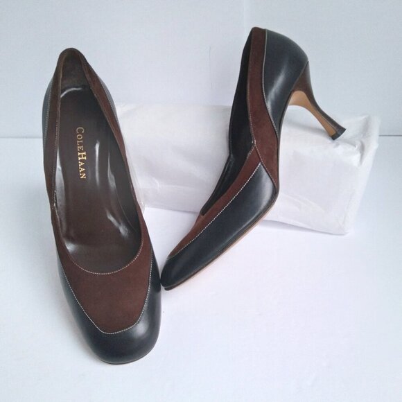 Cole Haan Shoes - Cole Haan  Y2K Black Leather Brown Suede Square Toe Chisled Heels Pumps Sz 9.5M